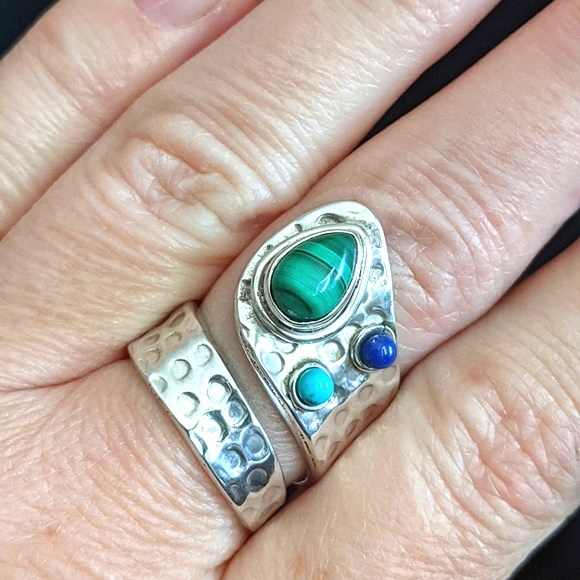 Malachite, Turquoise & Lapis .925 Silver, Adjustable Ring - Picture 6 of 6